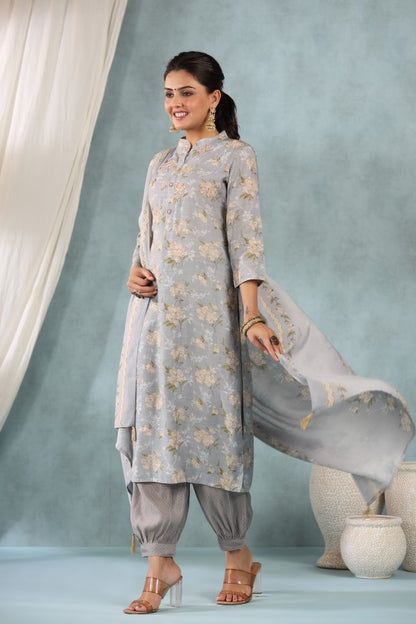 Grey Floral Handworked Straight-Cut Kurta Set