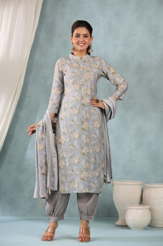 Grey Floral Handworked Straight-Cut Kurta Set