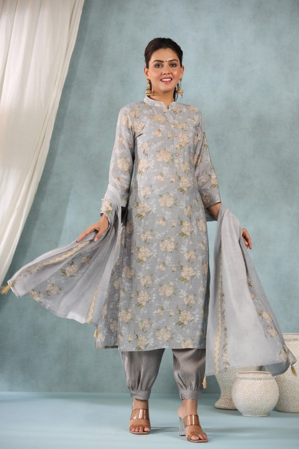 Grey Floral Handworked Straight-Cut Kurta Set