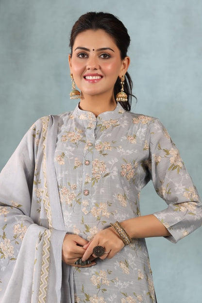 Grey Floral Handworked Straight-Cut Kurta Set