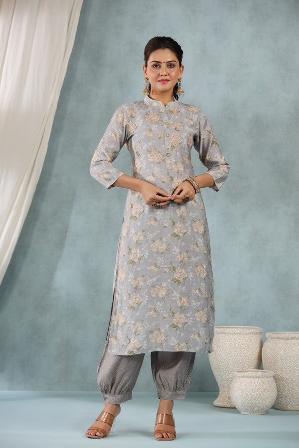 Grey Floral Handworked Straight-Cut Kurta Set