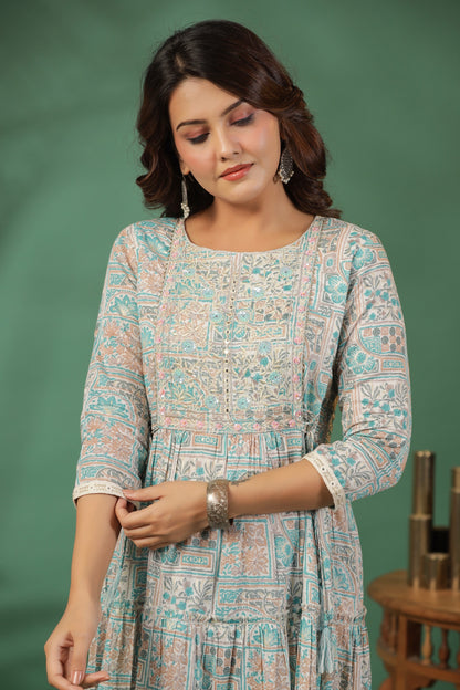 Blue Embroidered and Handworked Anarkali Flair Gown