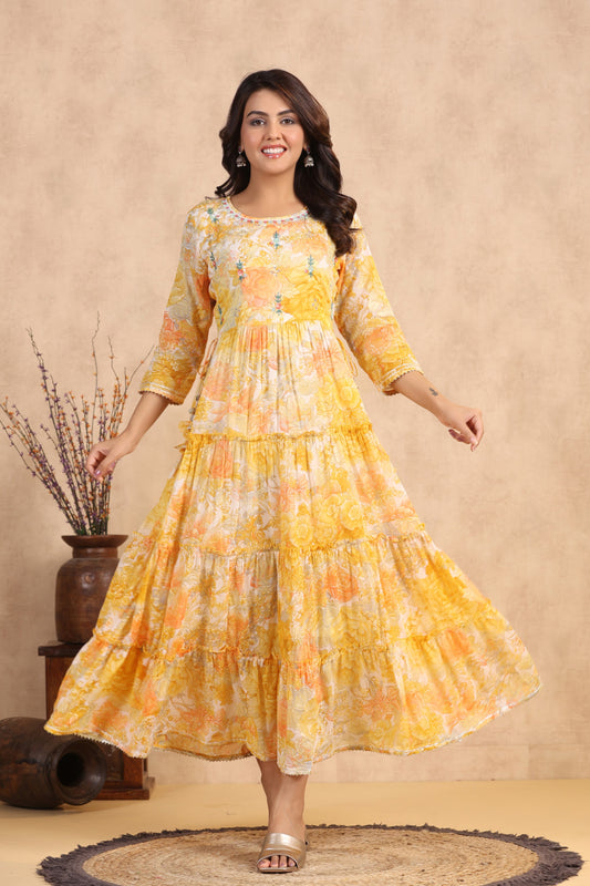 Yellow Handworked Anarkali Flair Gown