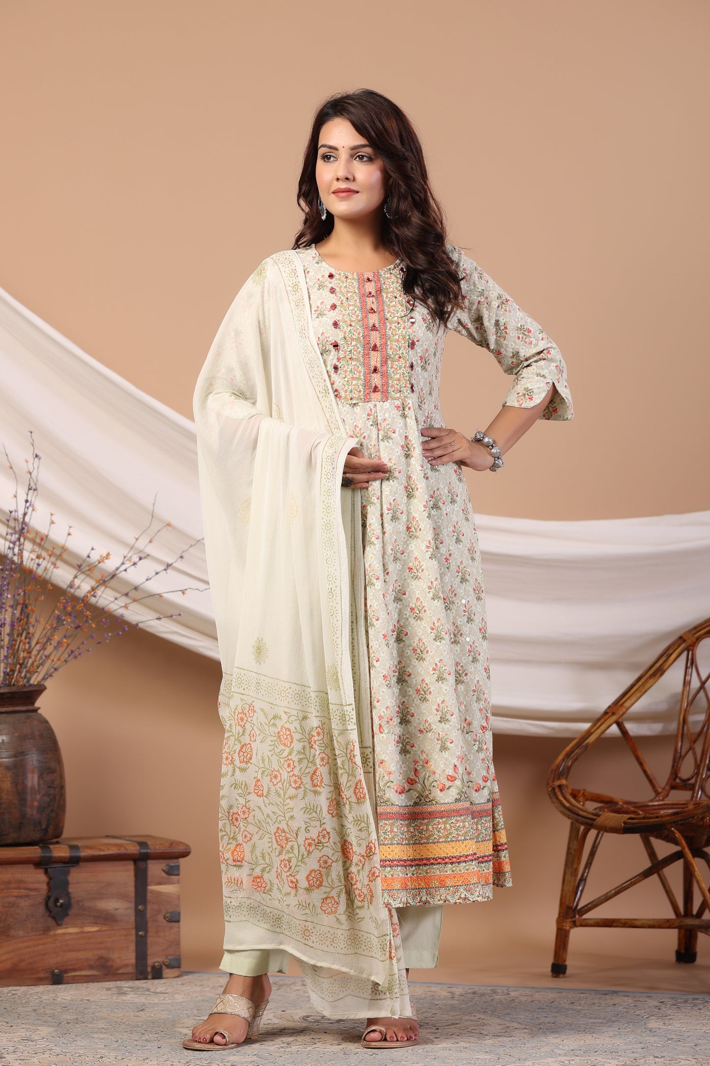 Water-Sequence Schiffli Anarkali Suit Set