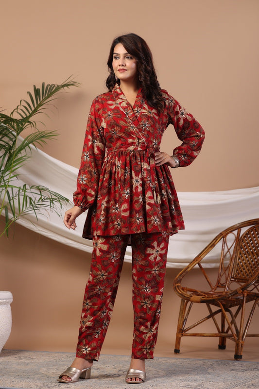 Red Abstract Print Flared Co-ord Set