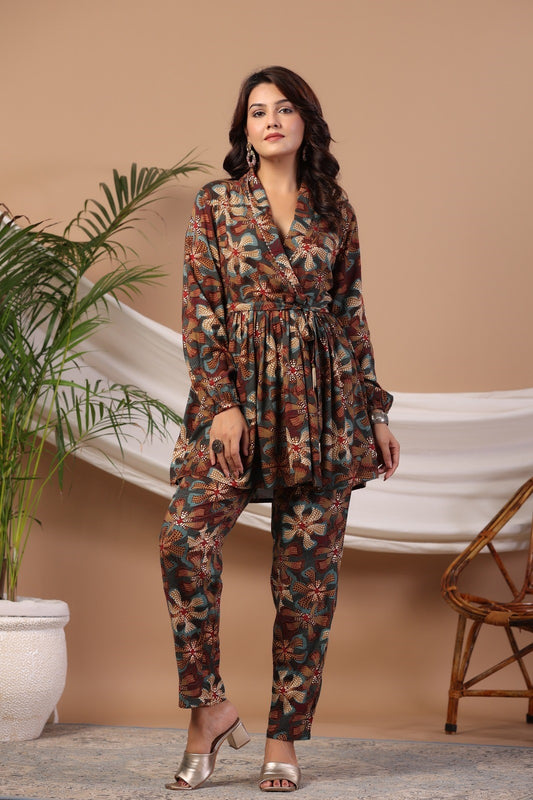 Blue Abstract Print Flared Co-ord Set