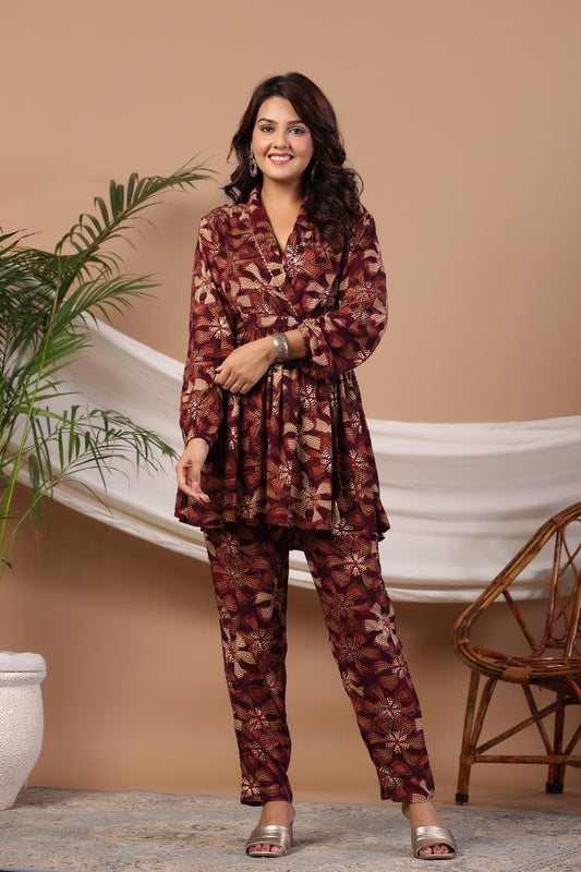 Wine Abstract Print Flared Co-ord Set