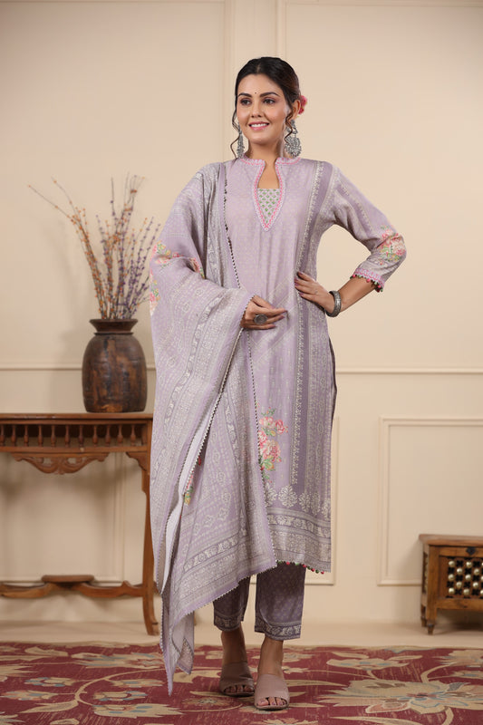 Lilac Pannel Print Kurta & Pant Set