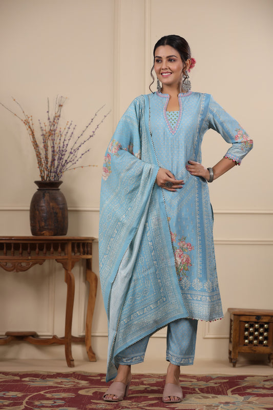 Blue Pannel Print Kurta & Pant Set