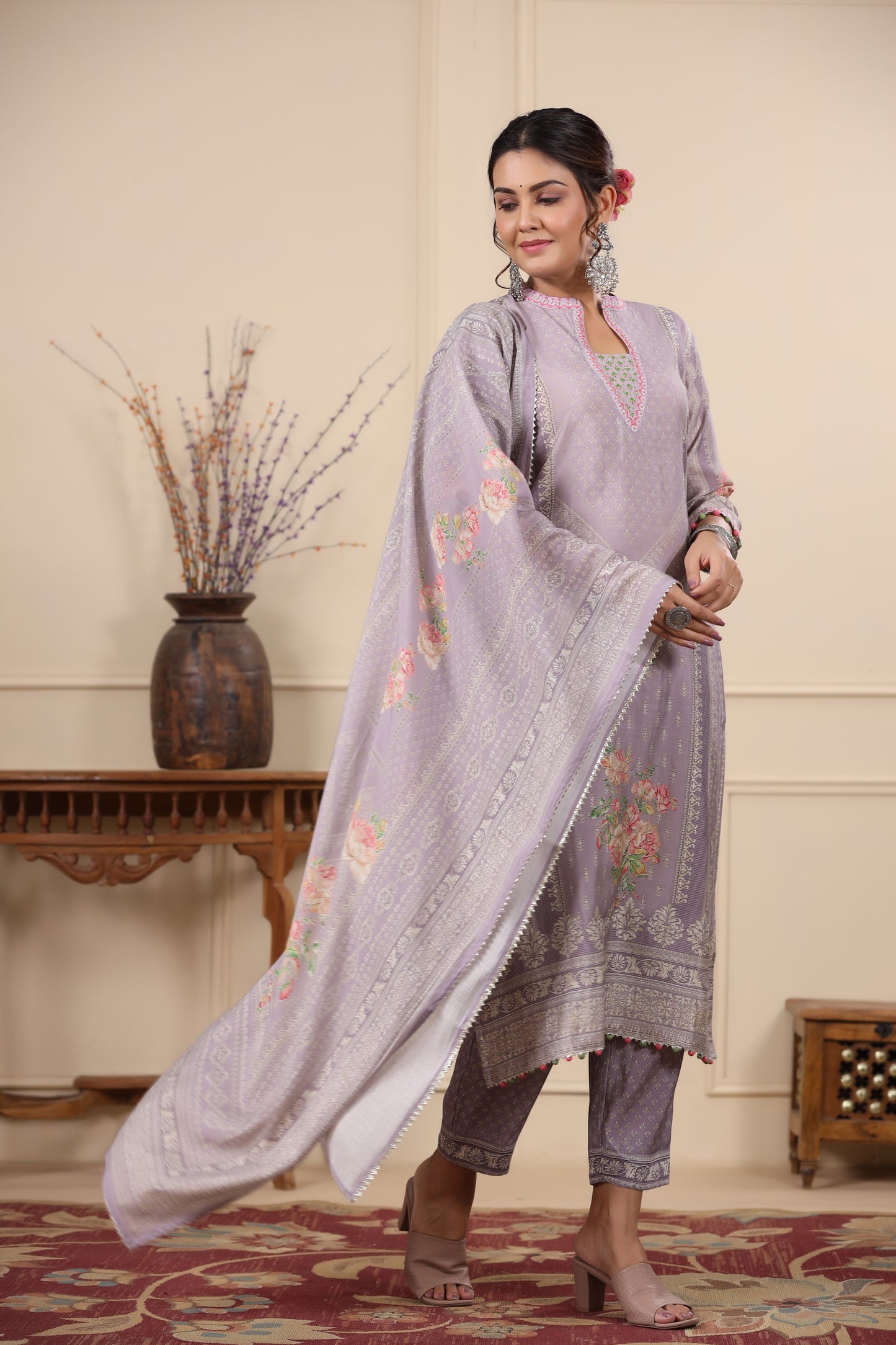 Lilac Pannel Print Kurta & Pant Set