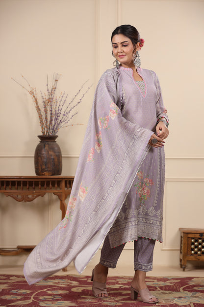 Lilac Pannel Print Kurta & Pant Set
