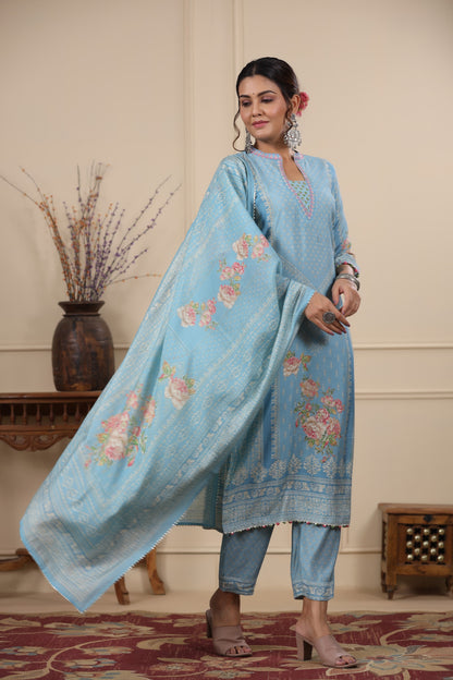Blue Pannel Print Kurta & Pant Set