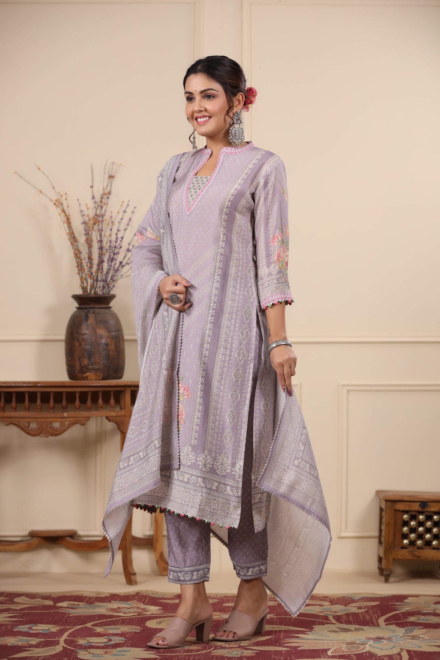 Lilac Pannel Print Kurta & Pant Set