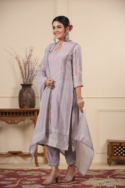 Lilac Pannel Print Kurta & Pant Set