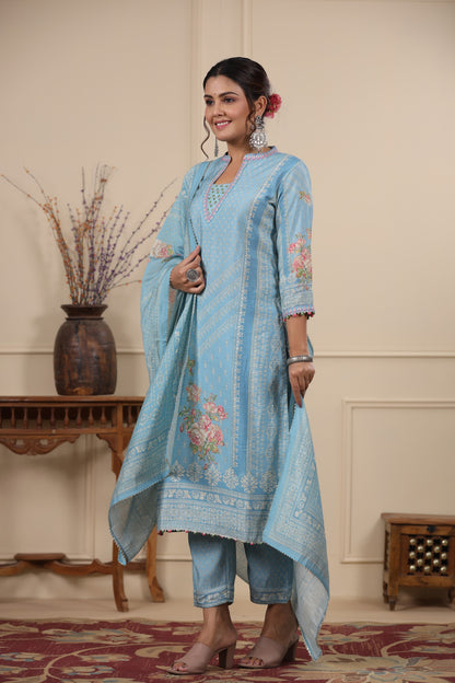 Blue Pannel Print Kurta & Pant Set