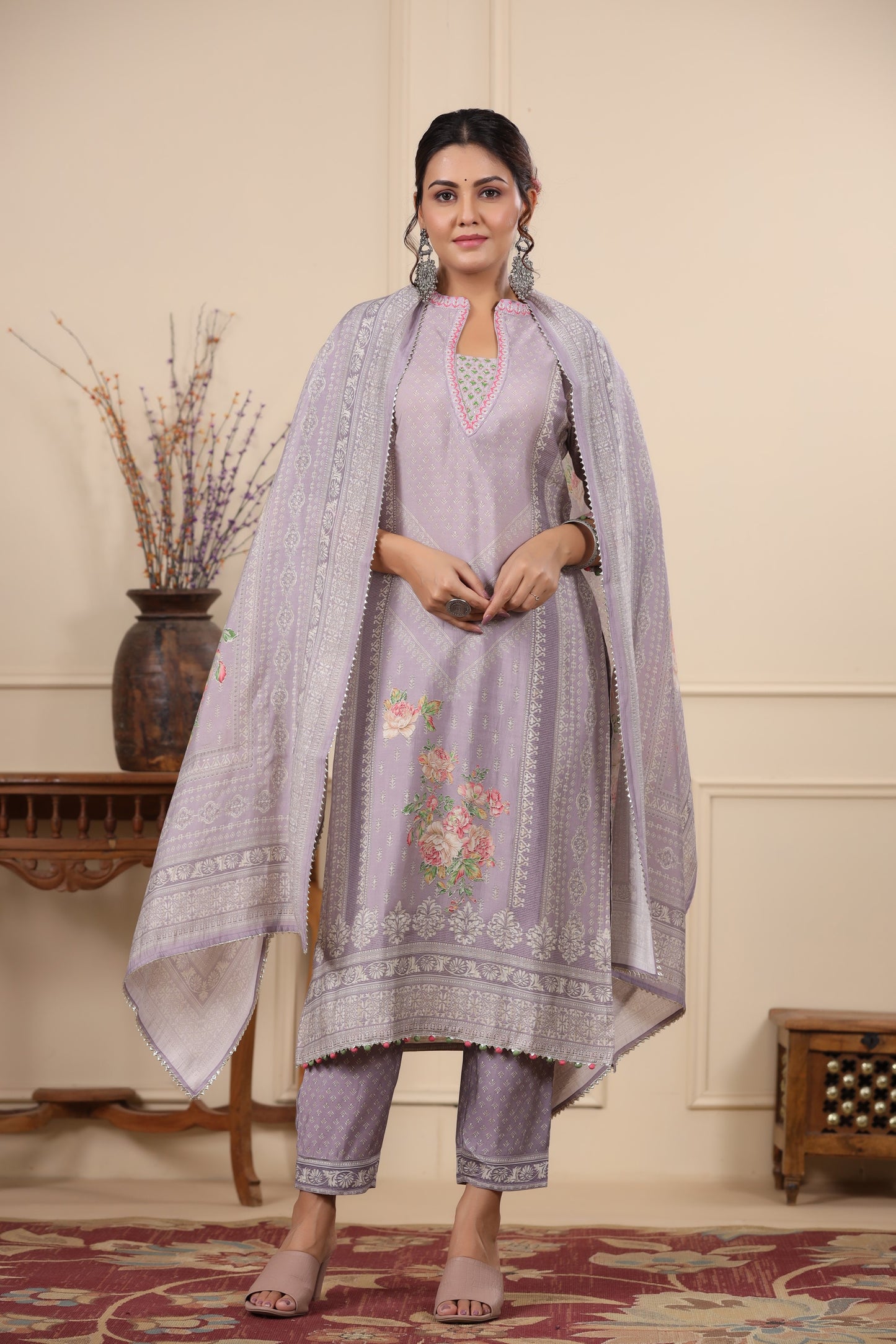 Lilac Pannel Print Kurta & Pant Set