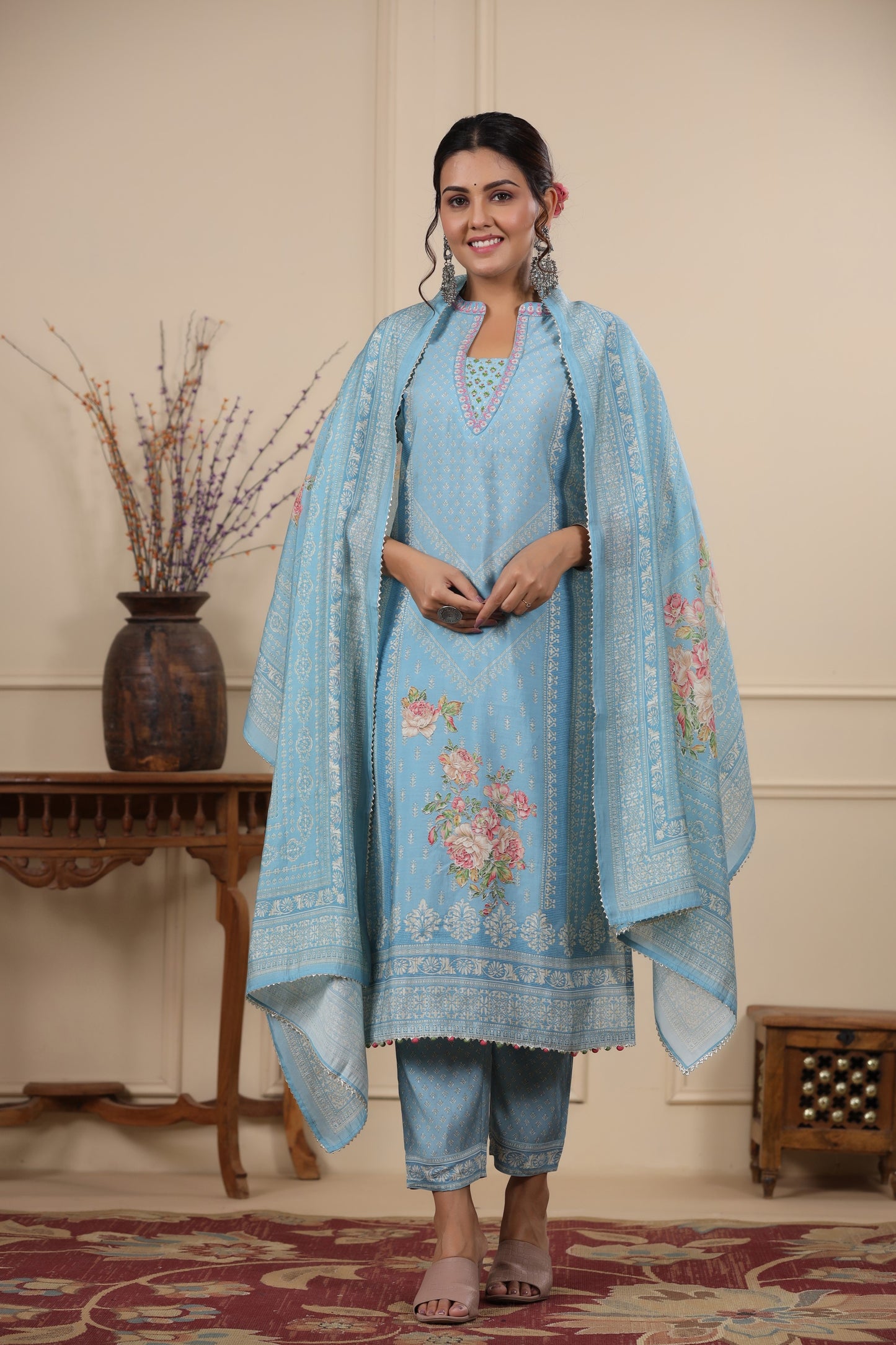 Blue Pannel Print Kurta & Pant Set