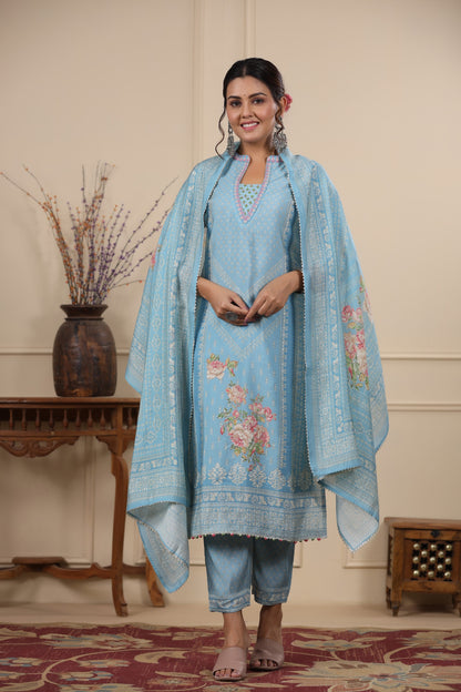 Blue Pannel Print Kurta & Pant Set