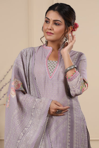 Lilac Pannel Print Kurta & Pant Set