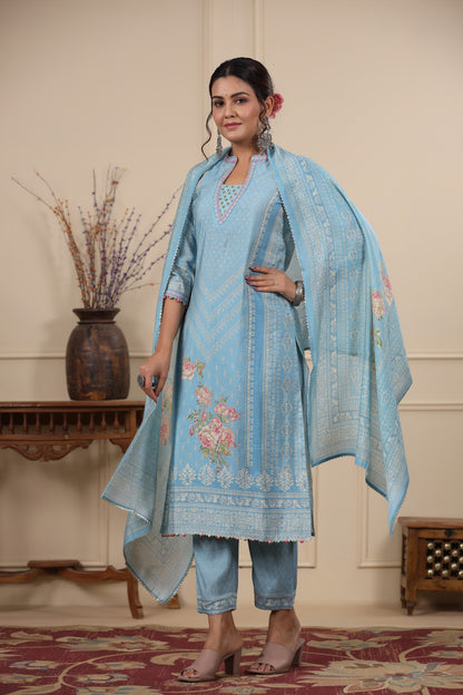 Blue Pannel Print Kurta & Pant Set