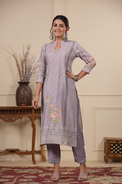 Lilac Pannel Print Kurta & Pant Set