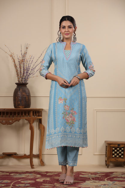 Blue Pannel Print Kurta & Pant Set