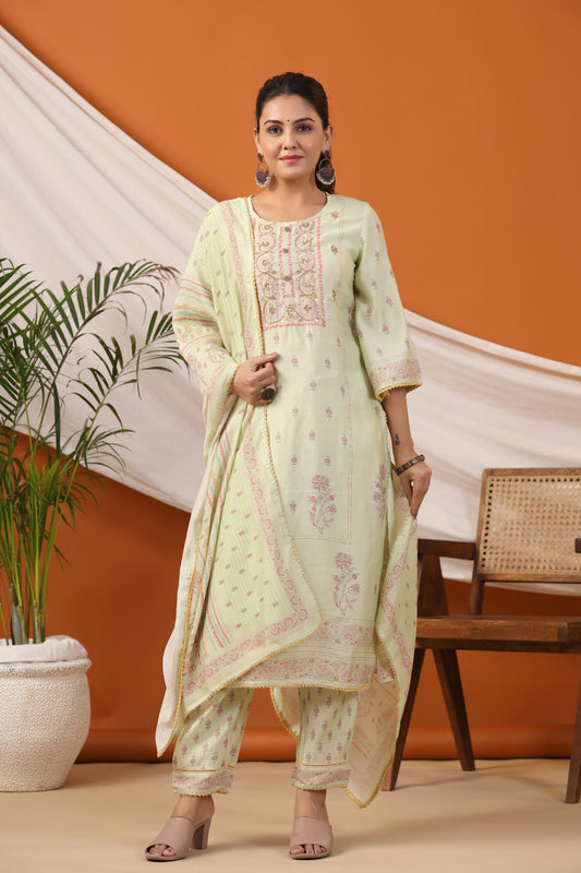 Yellow Floral Print Placement Kurta & Pant Set