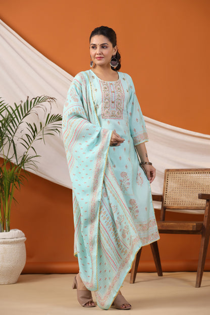 Blue Floral Print Placement Kurta & Pant Set