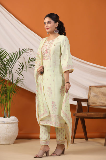 Yellow Floral Print Placement Kurta & Pant Set