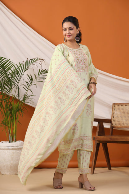 Yellow Floral Print Placement Kurta & Pant Set