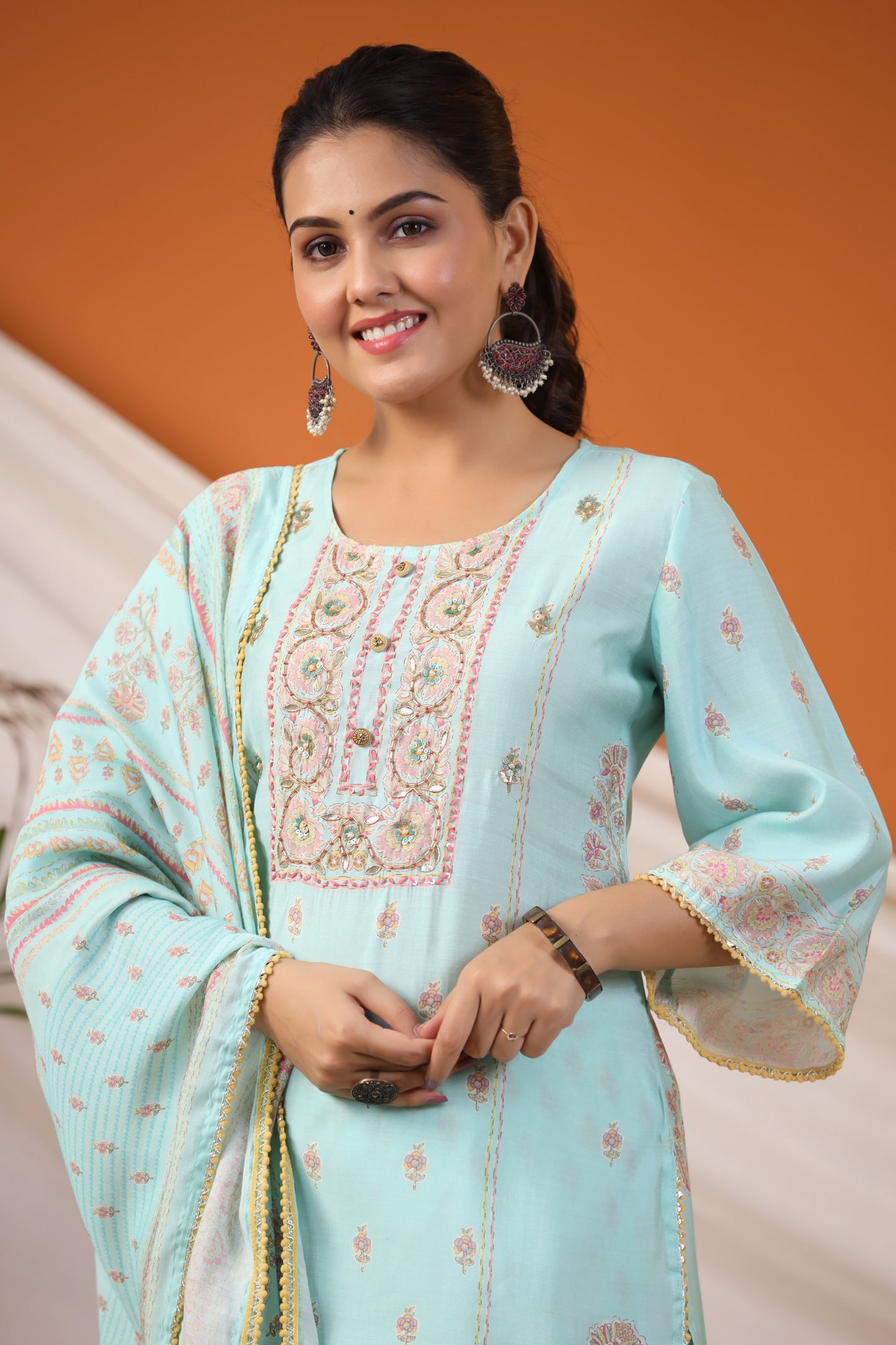 Blue Floral Print Placement Kurta & Pant Set