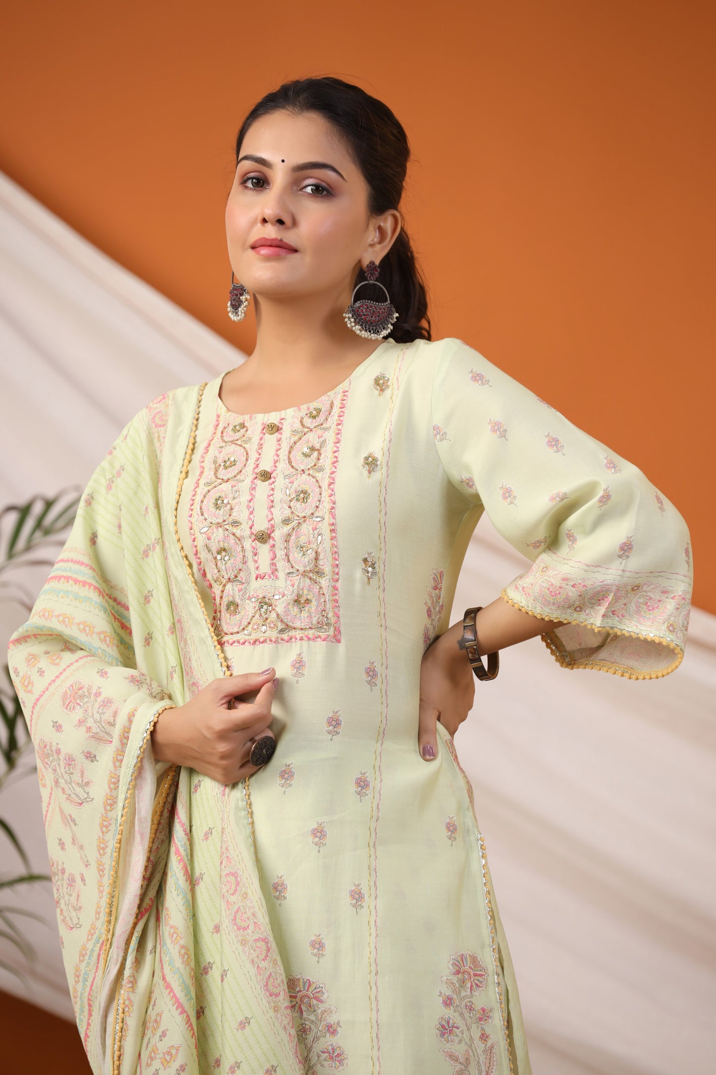 Yellow Floral Print Placement Kurta & Pant Set