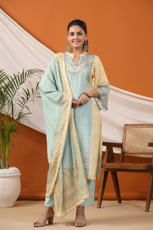 Pastel Yellow Floral Placement Print Kurta & Pant Set
