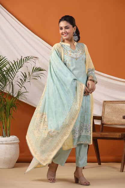 Pastel Yellow Floral Placement Print Kurta & Pant Set