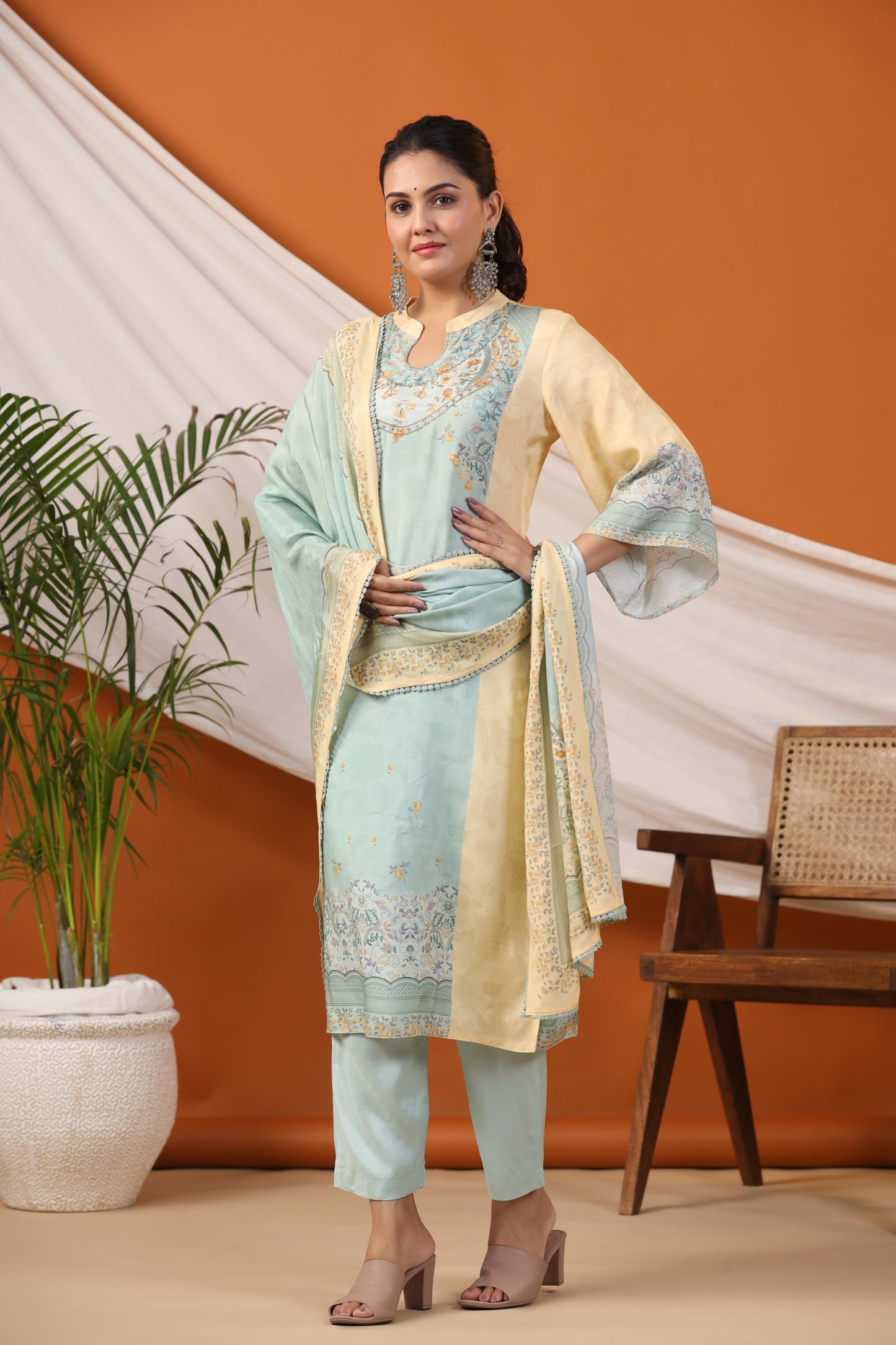 Pastel Yellow Floral Placement Print Kurta & Pant Set