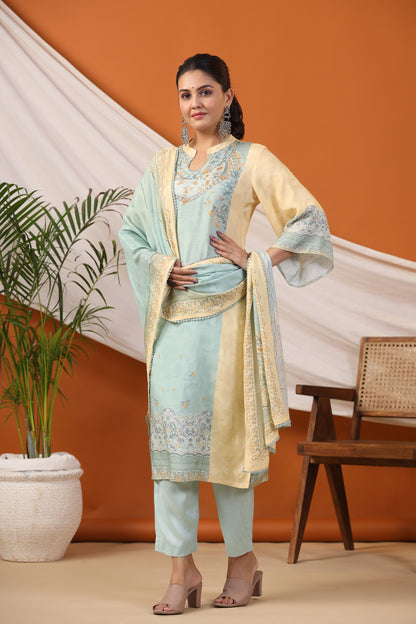 Pastel Yellow Floral Placement Print Kurta & Pant Set