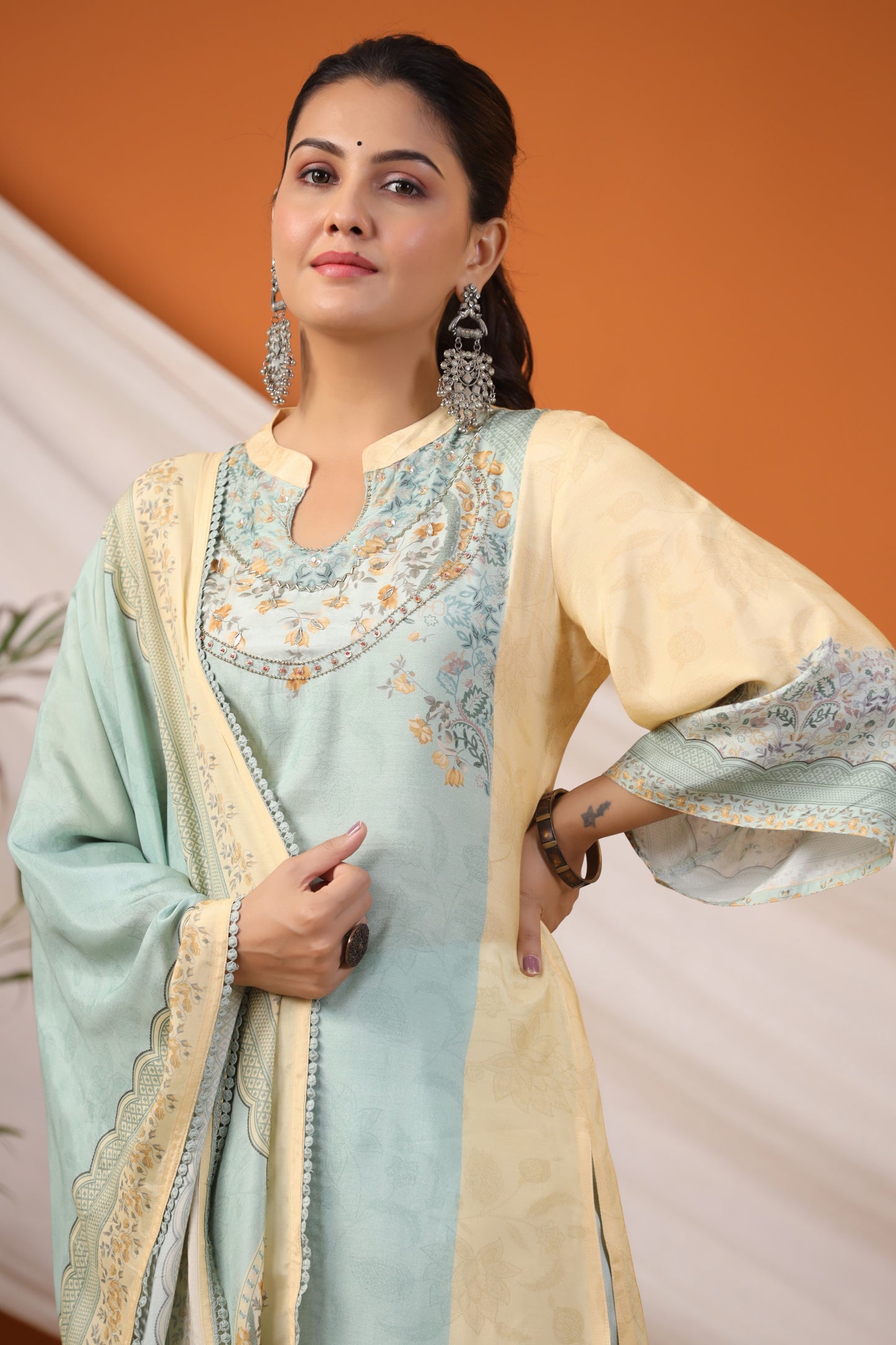 Pastel Yellow Floral Placement Print Kurta & Pant Set