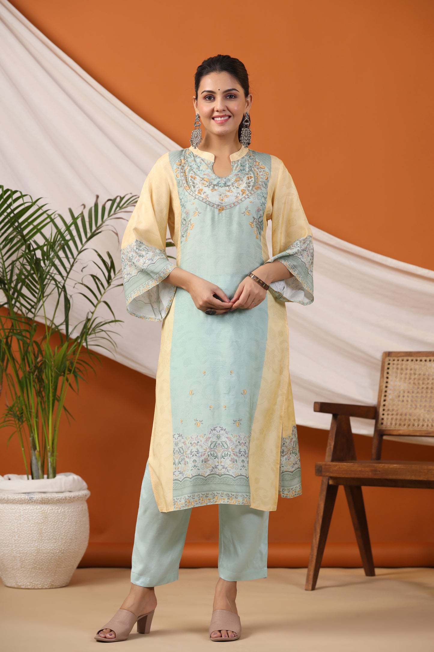 Pastel Yellow Floral Placement Print Kurta & Pant Set