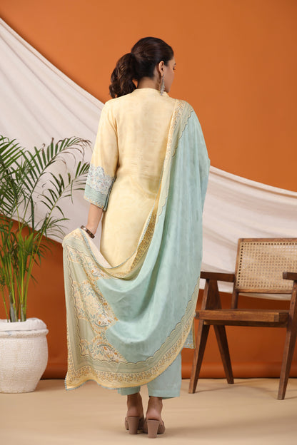Pastel Yellow Floral Placement Print Kurta & Pant Set