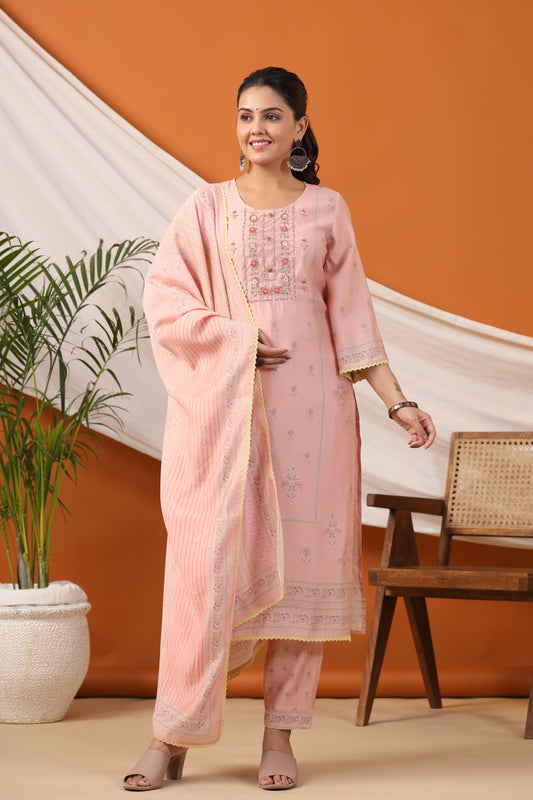 Peach Floral Print Placement Kurta & Pant Set