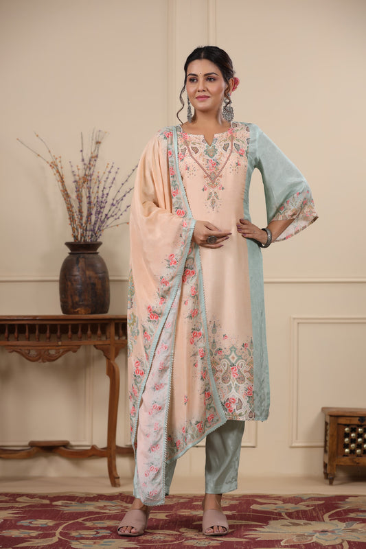 Off-White Floral Placement Print Kurta & Pant Set