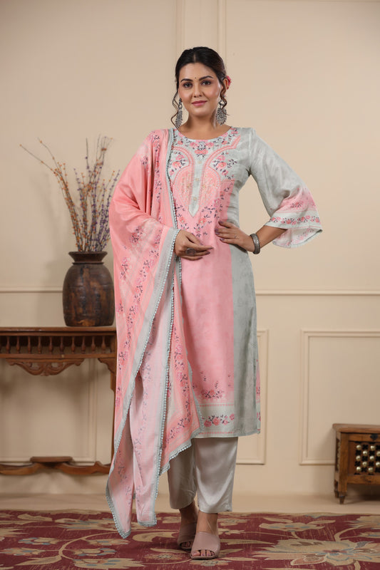 Light Pink Floral Placement Print Kurta & Pant Set