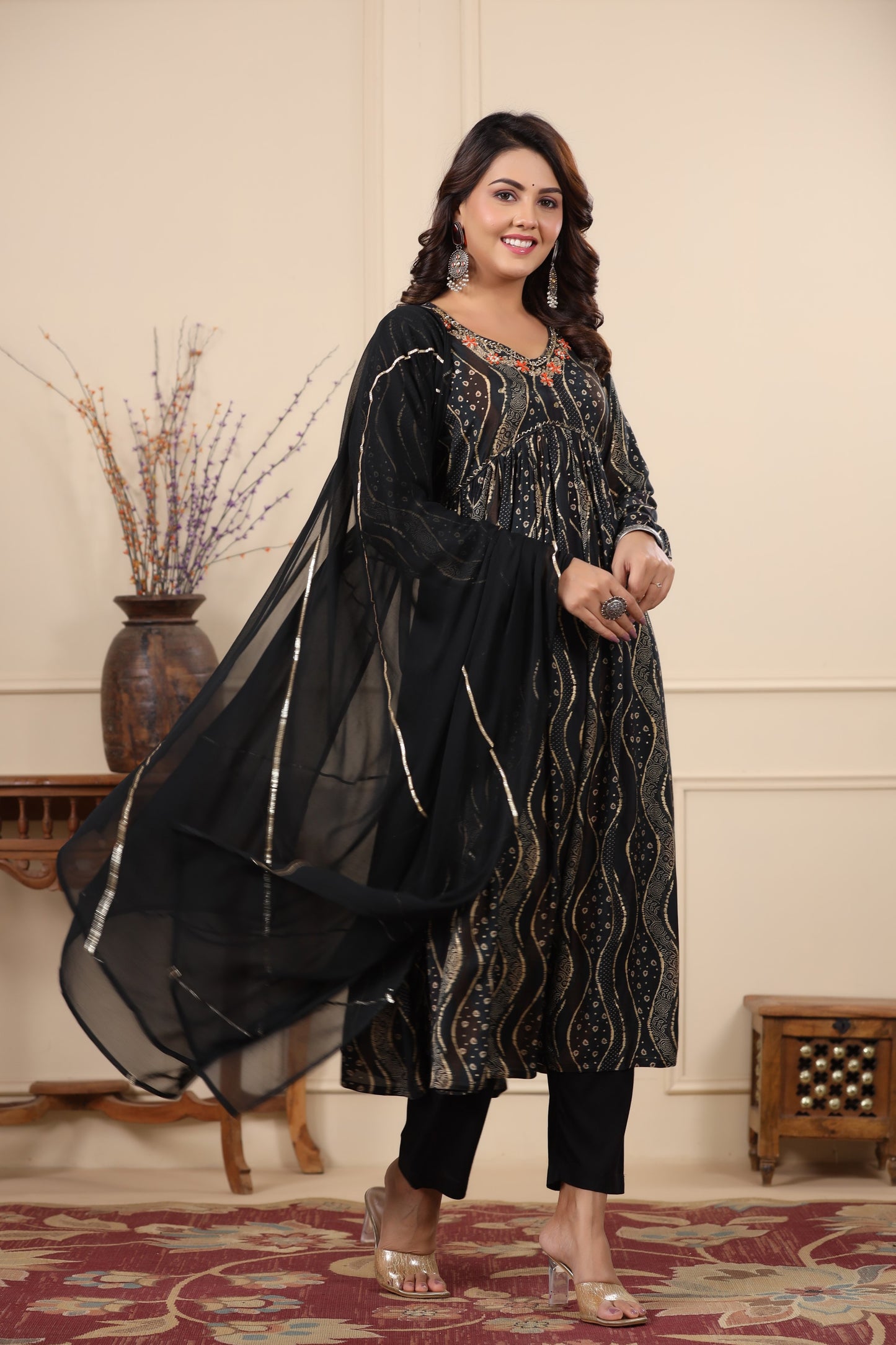 Black Alia Cut Anarkali Suit Set