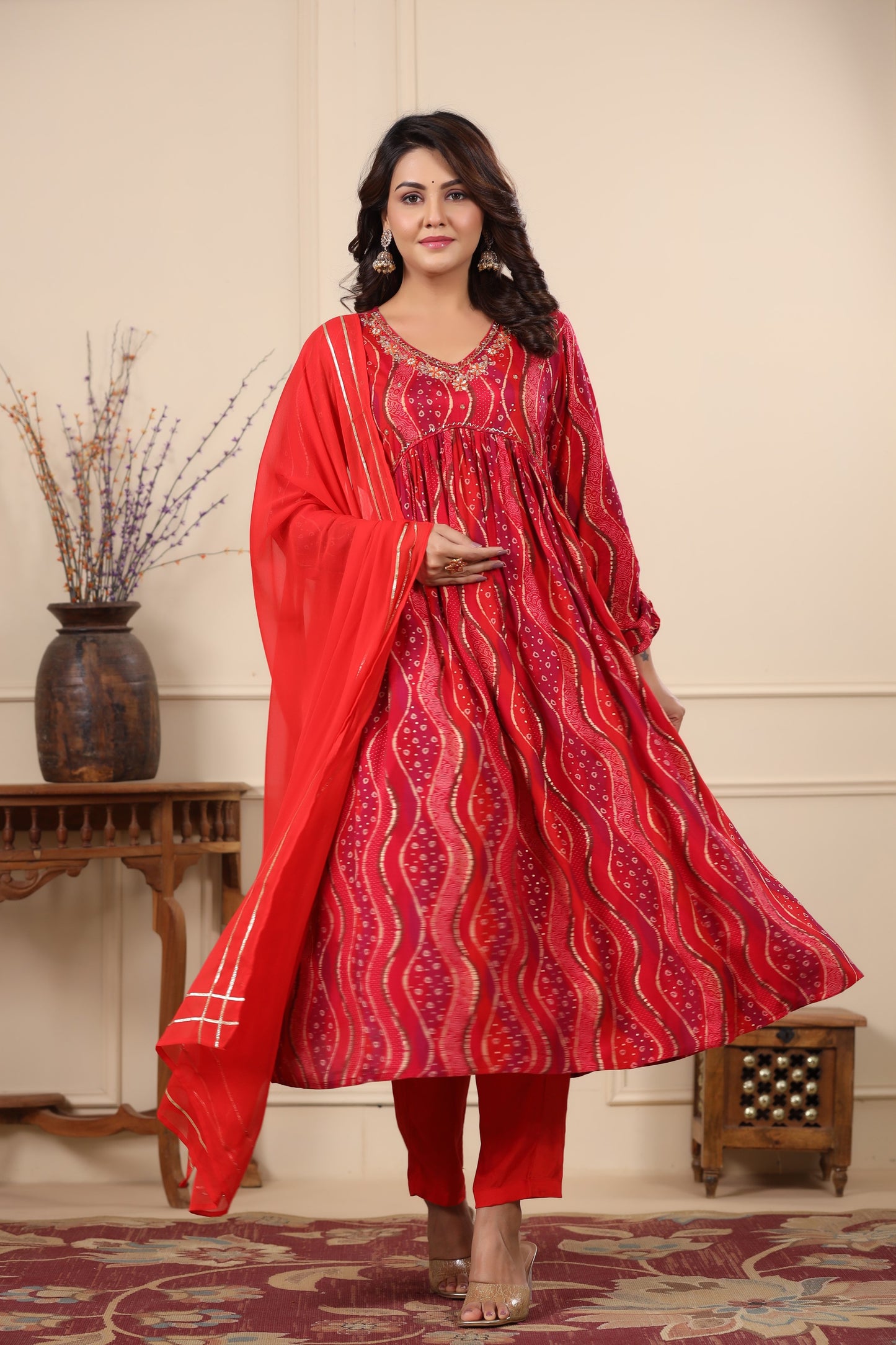 Red & Pink Alia Cut Anarkali Suit Set