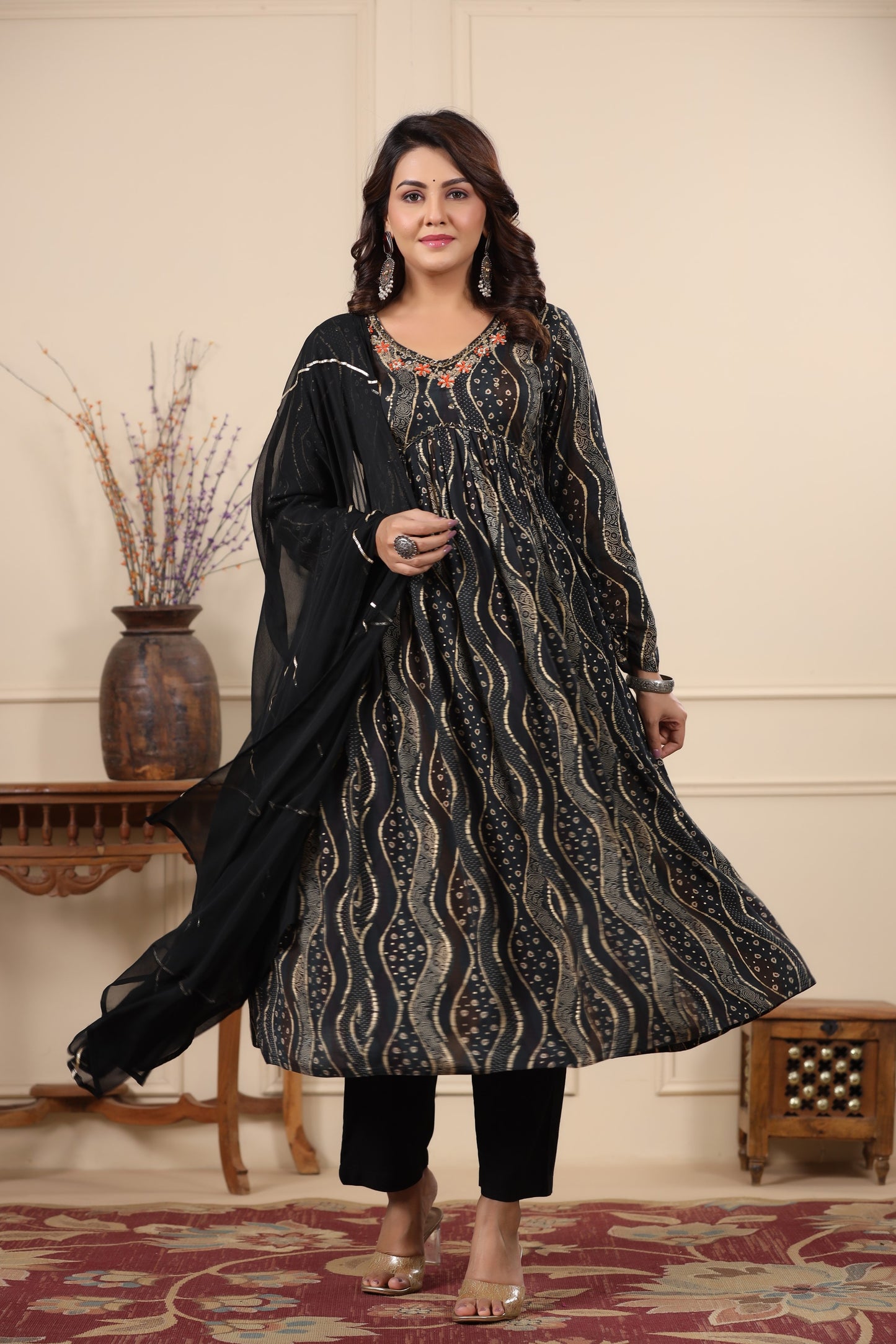 Black Alia Cut Anarkali Suit Set