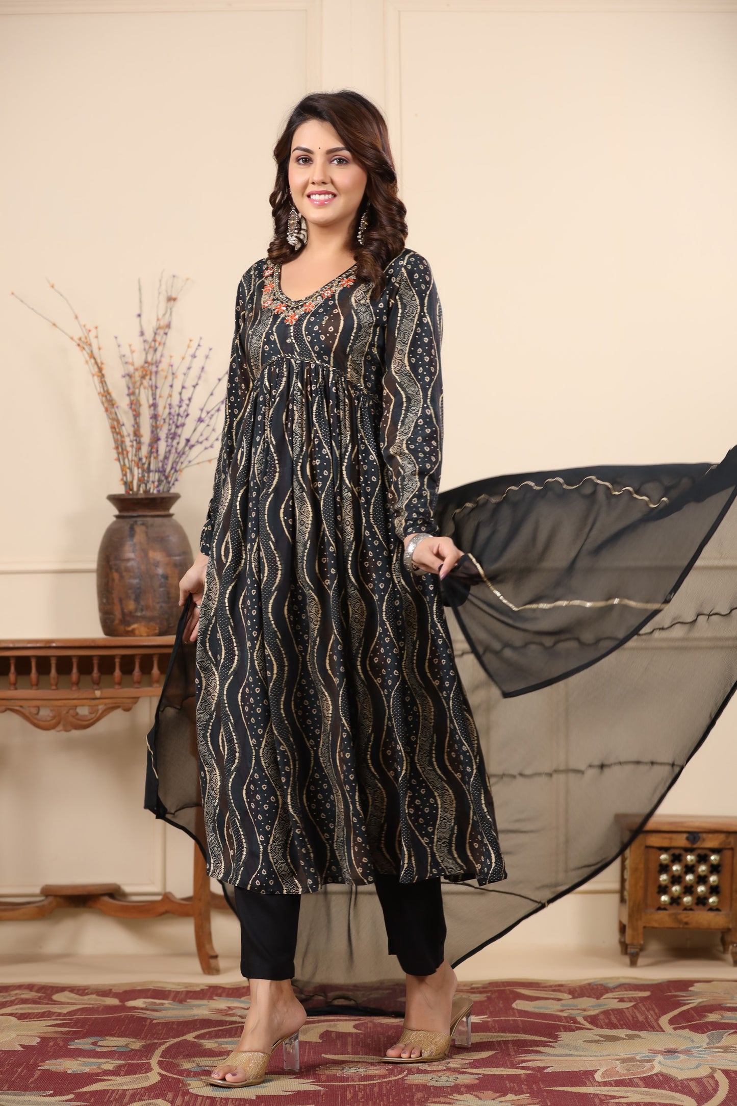 Black Alia Cut Anarkali Suit Set