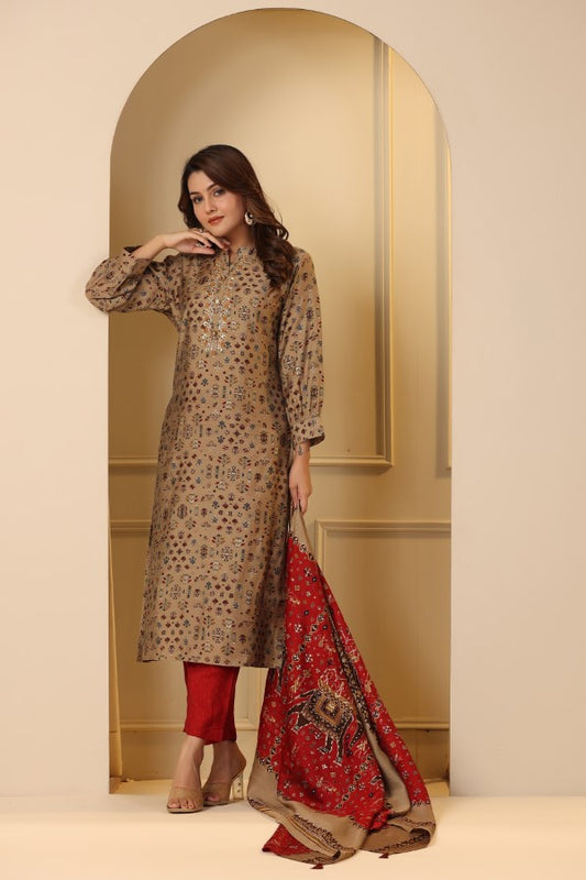 Beige Plaquette Handworked Straight-Cut Kurta Suit Set