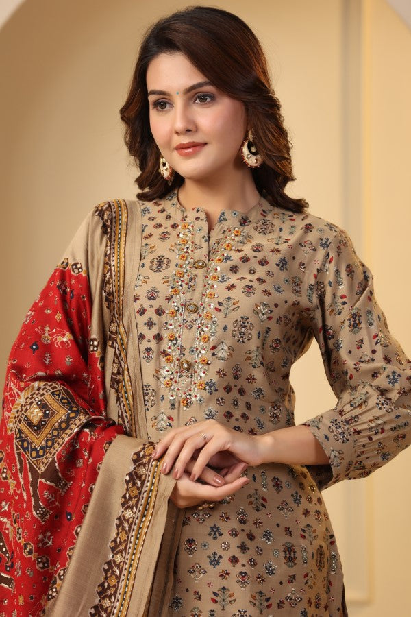 Beige Plaquette Handworked Straight-Cut Kurta Suit Set