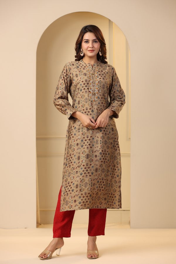 Beige Plaquette Handworked Straight-Cut Kurta Suit Set