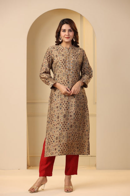 Beige Plaquette Handworked Straight-Cut Kurta Suit Set